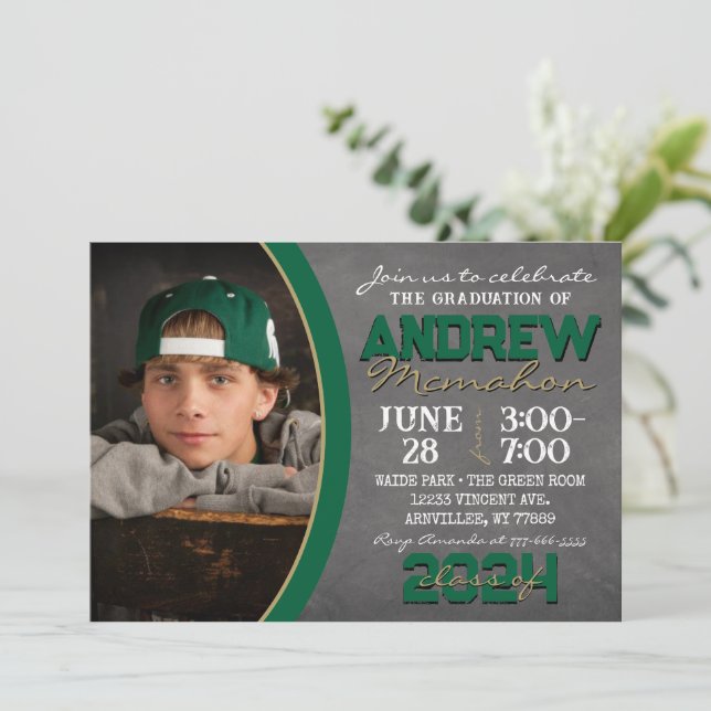 Green and Bronze Chalkboard Graduation Invitation (Standing Front)