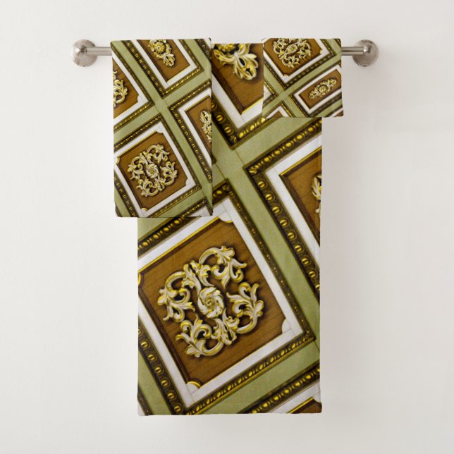 Green and Brown Architecture Print Bath Towel Set (Insitu)