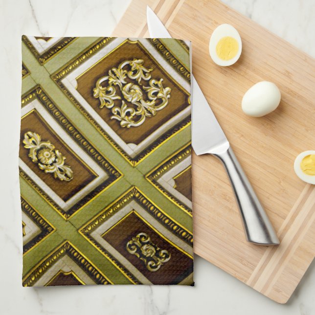Green and Brown Architecture Print Kitchen Towel (Quarter Fold)