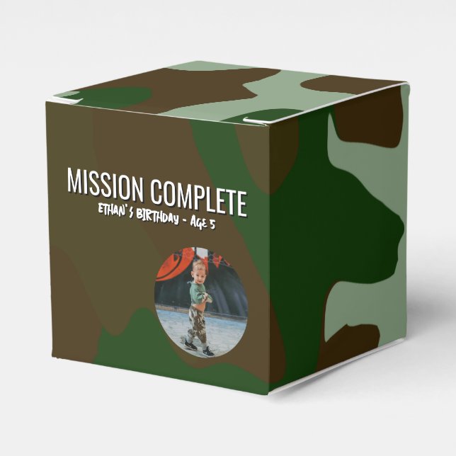 Green and Brown Camo Pattern Mission Complete Favor Box (Front Side)