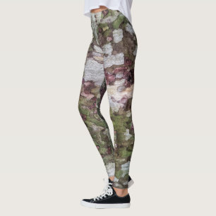 Green and brown camouflage bark pattern leggings