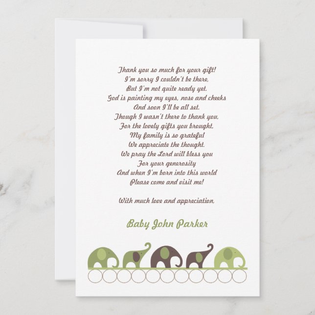 Green and Brown Elephant Thank You Note with poem (Front)