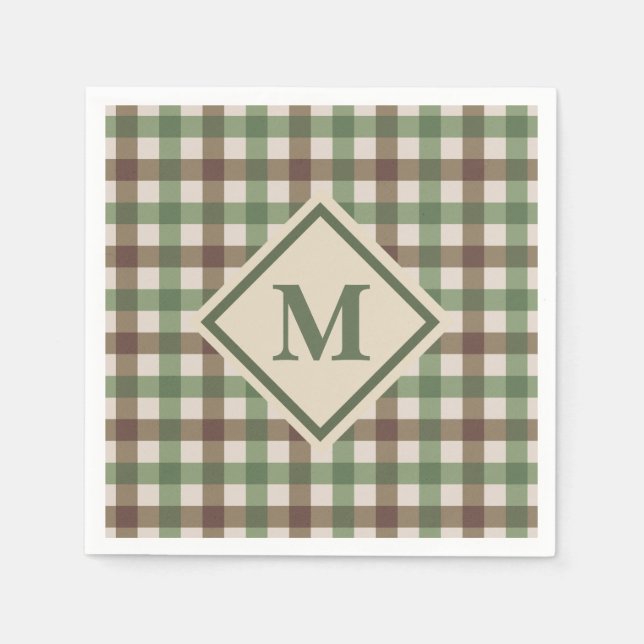 Green and Brown Gingham Plaid with Monogram Picnic Napkin (Front)