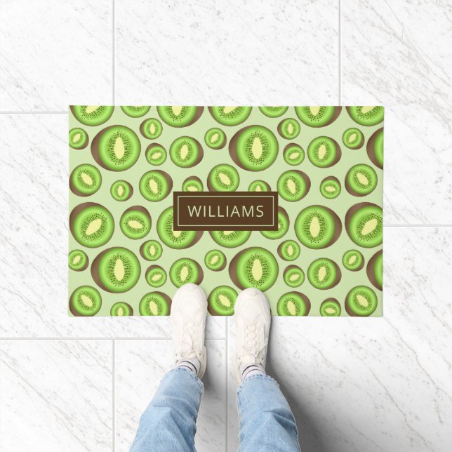 Green And Brown Kiwifruit Pattern With Custom Name Doormat (Indoor)