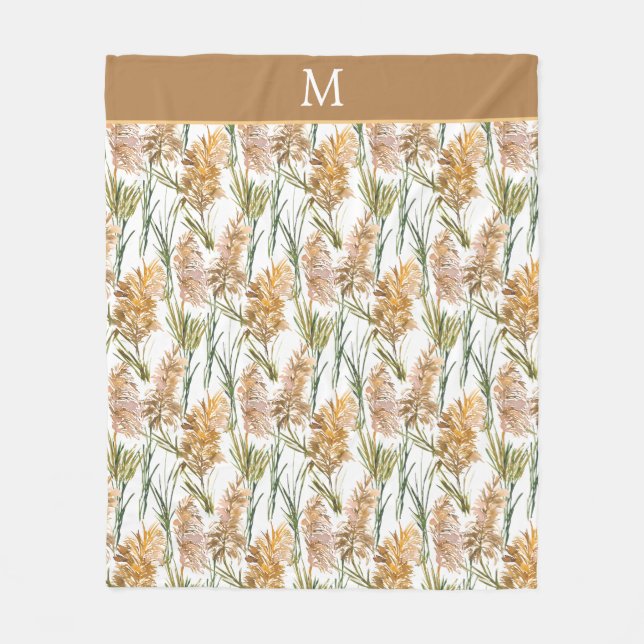 Green and Brown Pampas Grass Monogram Fleece Blanket (Front)