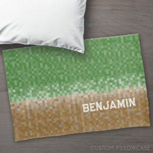 Green and Brown Pixel Design with Name Pillowcase
