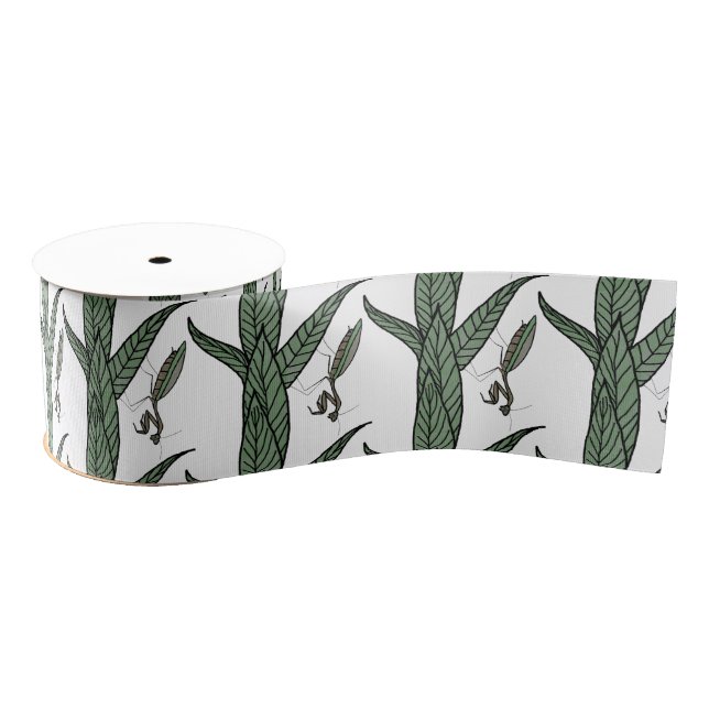 Green And Brown Praying Mantis on Green Leaves Grosgrain Ribbon (Spool)