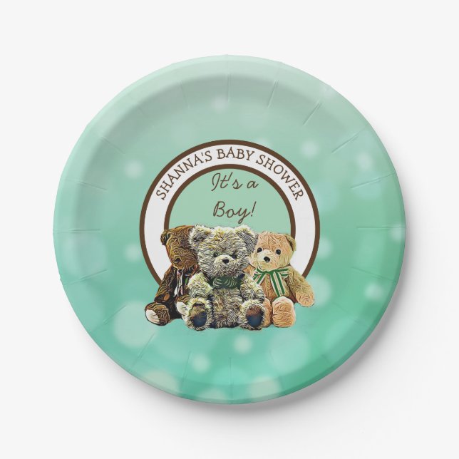 Green and Brown Teddy Bear Boy's Baby Shower Paper Plate (Front)