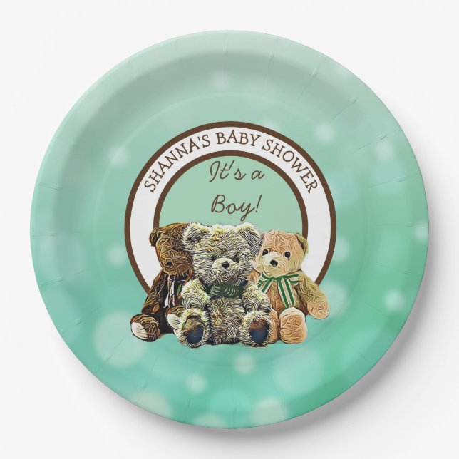 Green and Brown Teddy Bear Boy's Baby Shower Paper Plate (Front)