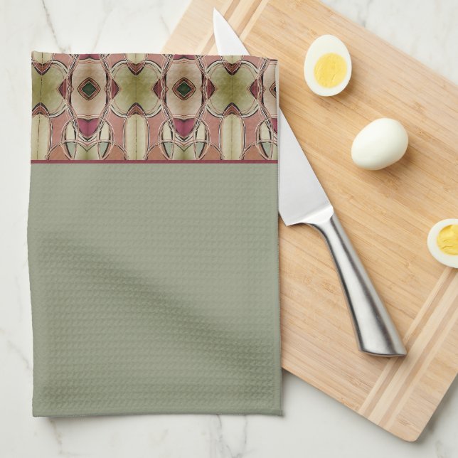 Green And Burgundy Patterned Kitchen Towel (Quarter Fold)