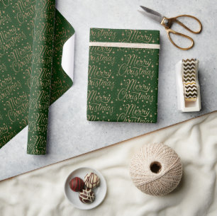 Green and Copper Merry Christmas Script Pattern Wrapping Paper