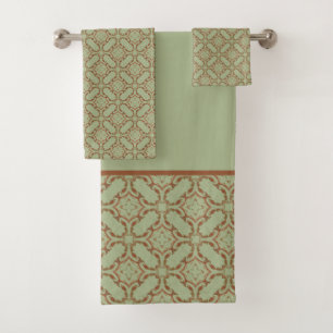 Green and Copper Orange Scroll Tiled Pattern Bath Towel Set