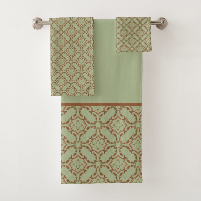 Green and Copper Orange Scroll Tiled Pattern Bath Towel Set (Insitu)
