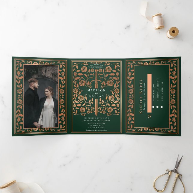 Green and Copper Royal Medieval Sword Wedding Tri-Fold Invitation (Inside)