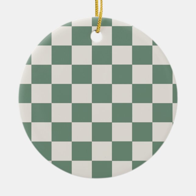 Green And Cream Chequered Classic Chequered Patter Ceramic Ornament (Front)