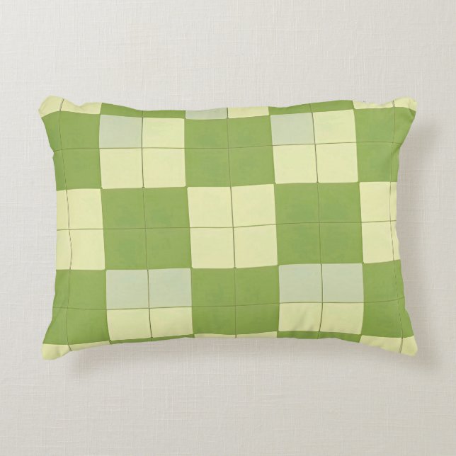 Green and Cream Chequered Tile Pattern Accent Pillow (Front)