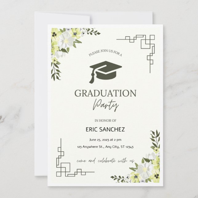 Green and Cream Floral Graduation Invitation ! (Front)