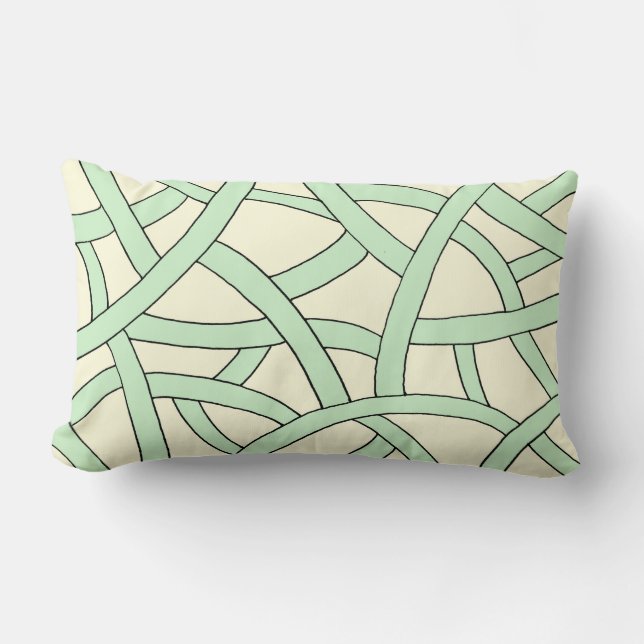 Green and Cream Hand Drawn Fantasy Pattern Lumbar Pillow (Front)