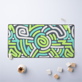 Green and Cyan Neon Squiggle Maze Pattern Desk Mat
