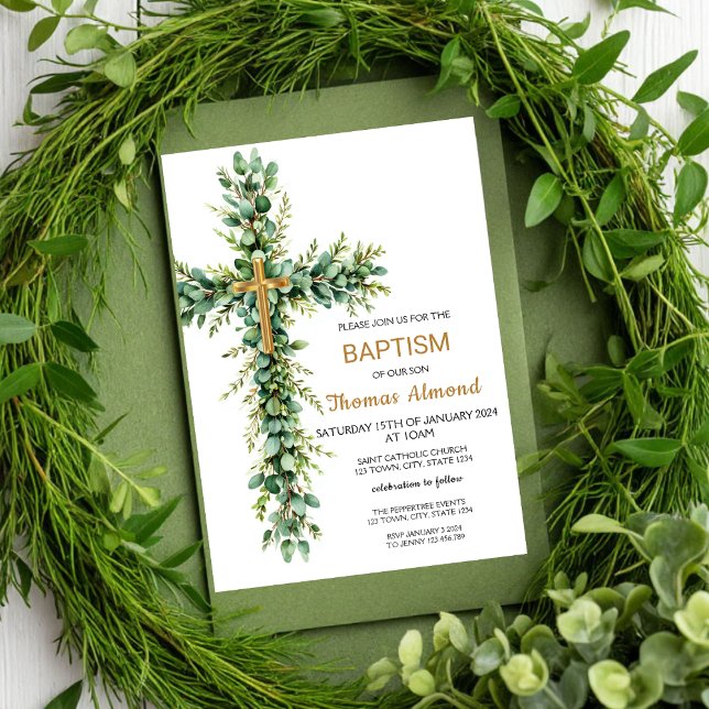 Green and Eucalypt Boys Gold Baptism Invitation (Créateur téléchargé)