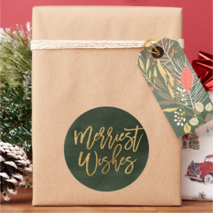 Green and Faux Foil Merriest Wishes Classic Round Sticker