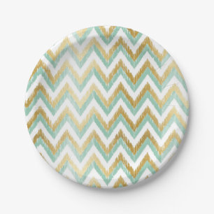 Green and Faux Gold Foil Chevron Ikat Pattern Paper Plate