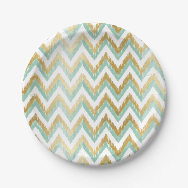 Green and Faux Gold Foil Chevron Ikat Pattern Paper Plate (Front)