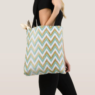 Green and Faux Gold Foil Chevron Ikat Pattern Tote Bag