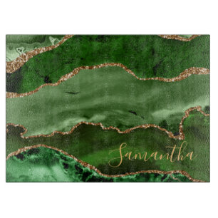 Green and Faux Gold Glitter Marble Agate Cutting Board