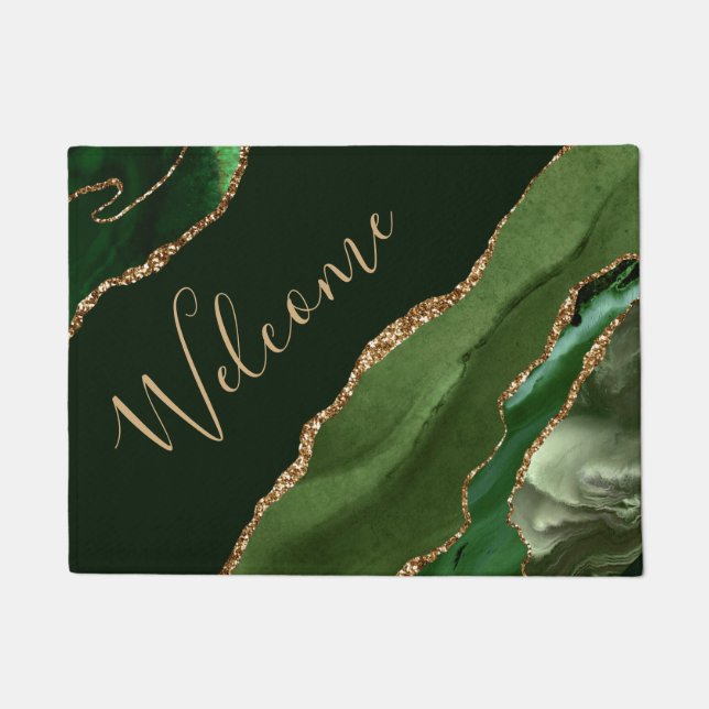 Green and Faux Gold Glitter Marble Agate Doormat (Front)