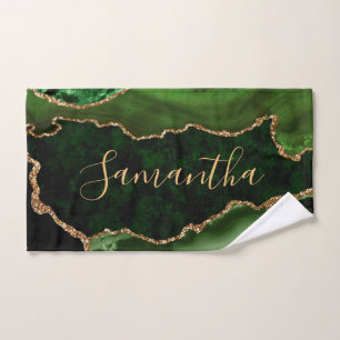 Green and Faux Gold Glitter Marble Agate Hand Towel