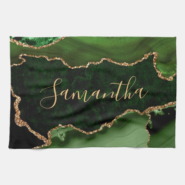 Green and Faux Gold Glitter Marble Agate Kitchen Towel (Horizontal)