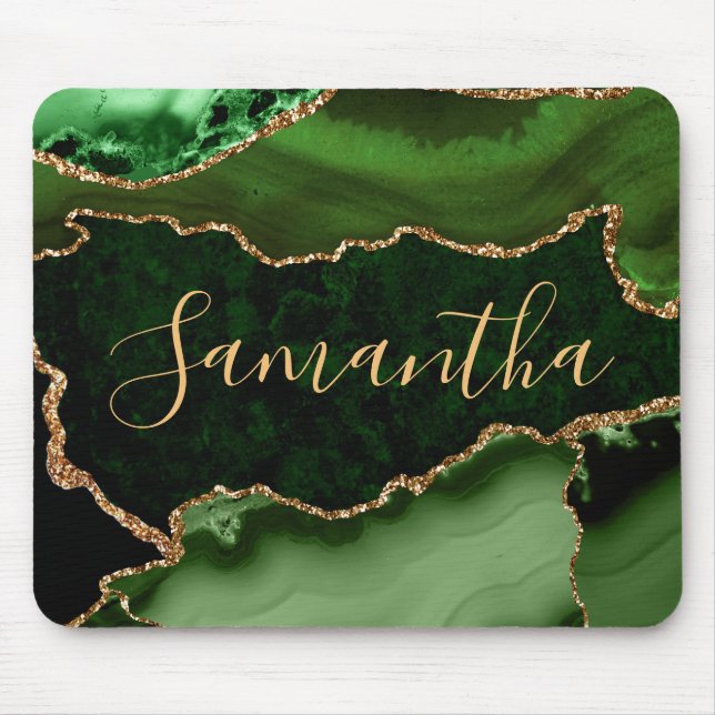 Green and Faux Gold Glitter Marble Agate Mouse Pad (Front)