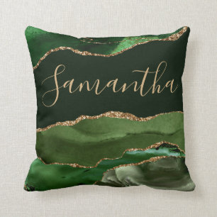 Green and Faux Gold Glitter Marble Agate Throw Pillow