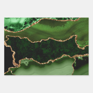 Green and Faux Gold Glitter Marble Agate Wrapping Paper Sheet