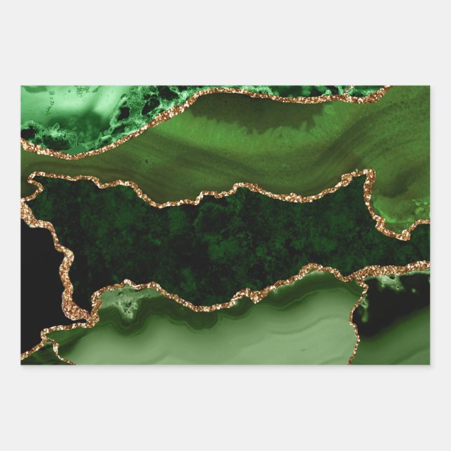 Green and Faux Gold Glitter Marble Agate Wrapping Paper Sheet (Front)
