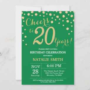 Green and Gold 20th Birthday Diamond Invitation