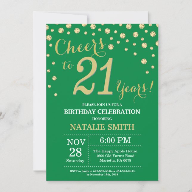 Green and Gold 21st Birthday Diamond Invitation (Front)