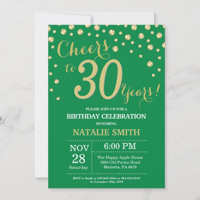 Green and Gold 30th Birthday Diamond Invitation (Front)