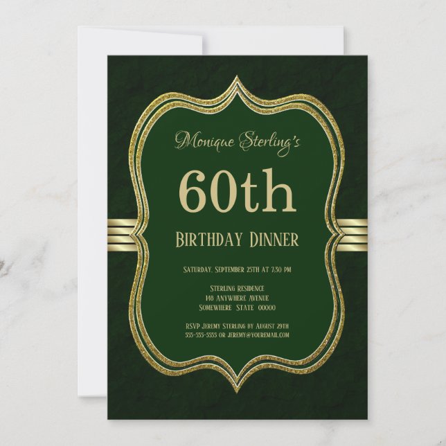 Green and Gold 60th Birthday Dinner Party Invitation (Front)