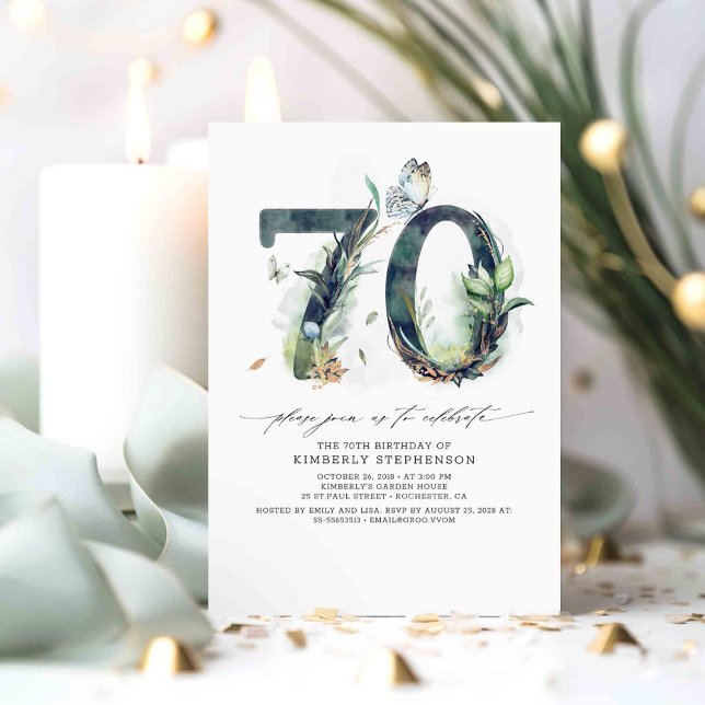 Green and Gold 70e anniversaire Invitation (70th birthday invitations with beautiful greenery)