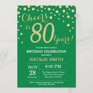 Green and Gold 80th Birthday Diamond Invitation