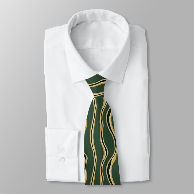 Green and gold abstract wavy vertical stripes pat tie (Tied)