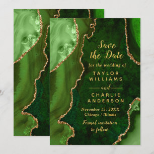 Green and Gold Agate Marble Save The Date Invitation