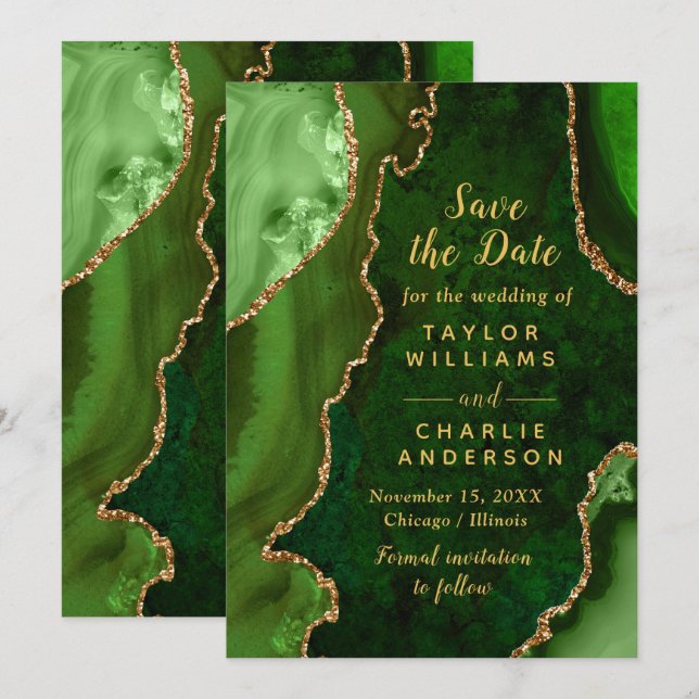 Green and Gold Agate Marble Save The Date Invitation (Front/Back)