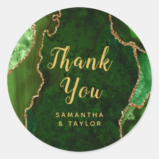 Green and Gold Agate Marble Thank You Wedding Classic Round Sticker