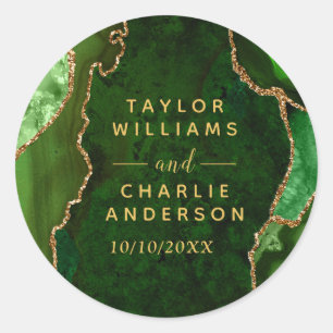 Green and Gold Agate Marble Wedding Classic Round Sticker