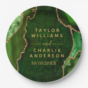 Green and Gold Agate Marble Wedding Paper Plate