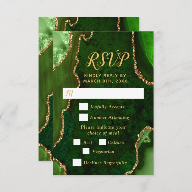 Green and Gold Agate Wedding Meal Choice RSVP Card (Front/Back)