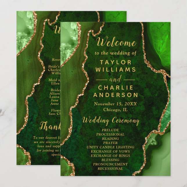Green and Gold Agate Wedding Program (Front/Back)